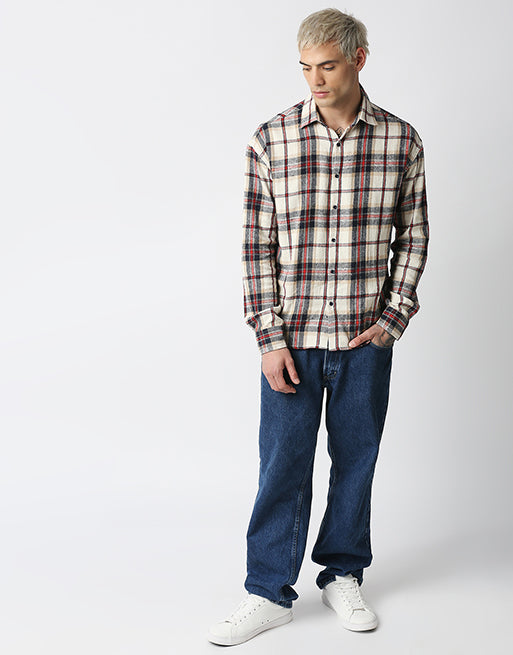 Hemsters Cream Relaxed Fit Checkered Shirt