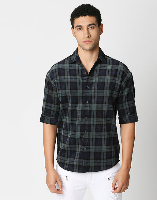 Hemsters Green Checkered Half Sleeve Corduroy Shirt For Men