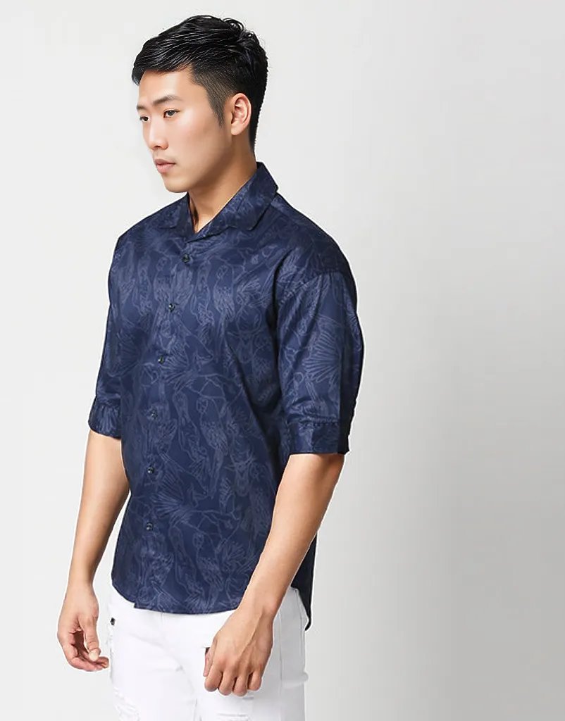 Hemsters Blue Print Half Sleeve Relaxed Shirt