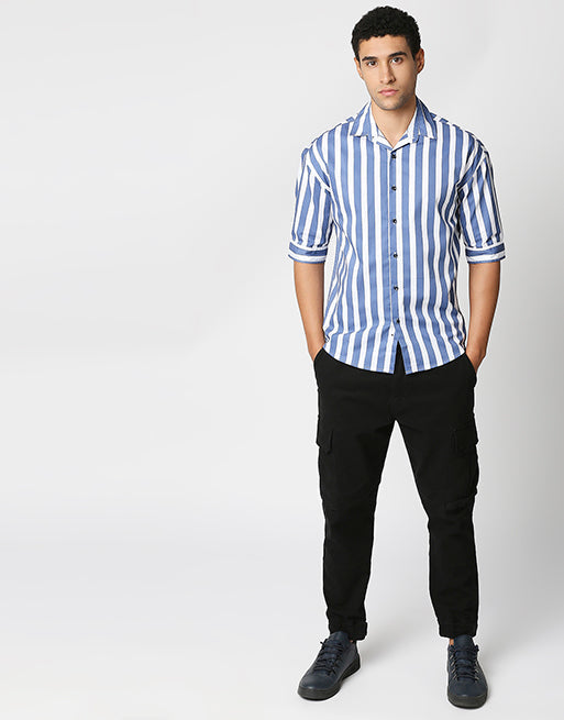 Hemsters Blue And White Half Sleeve Stripe Shirt