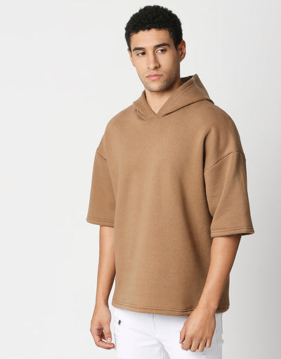 Hemsters Brown Half Sleeve Relaxed Fit Hoodie