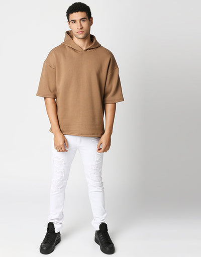 Hemsters Brown Half Sleeve Relaxed Fit Hoodie