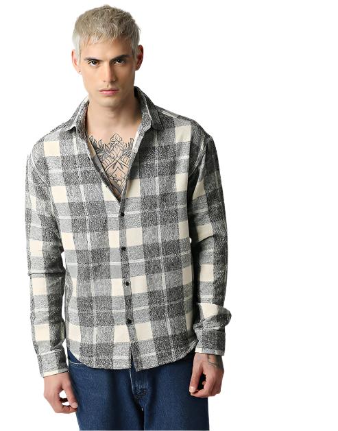 Hemsters Cream And Grey Relaxed Fit Checkered Shirt