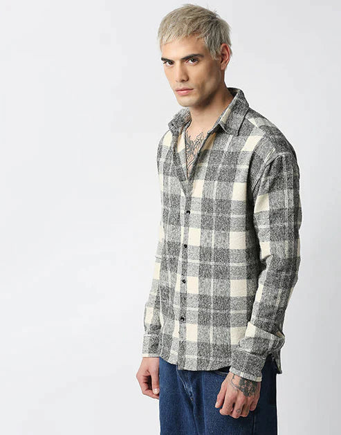 Hemsters Cream And Grey Relaxed Fit Checkered Shirt