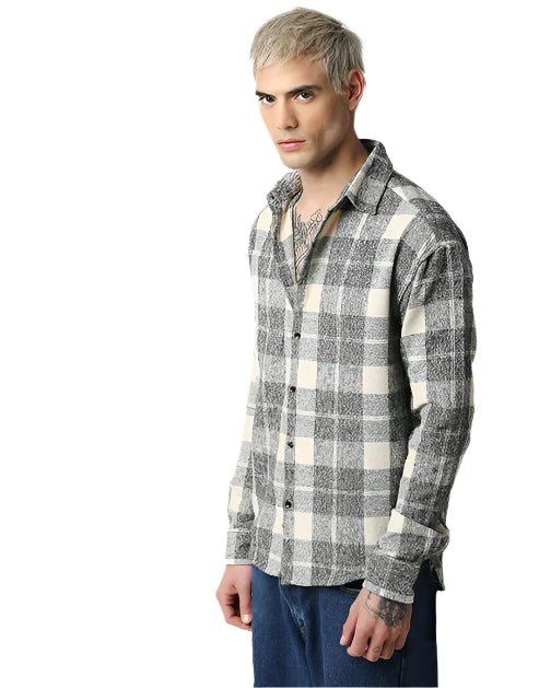 Hemsters Cream And Grey Relaxed Fit Checkered Shirt