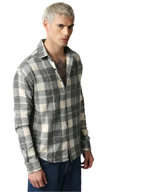 Hemsters Cream And Grey Relaxed Fit Checkered Shirt