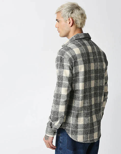 Hemsters Cream And Grey Relaxed Fit Checkered Shirt