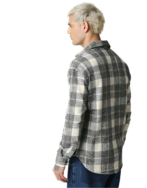 Hemsters Cream And Grey Relaxed Fit Checkered Shirt