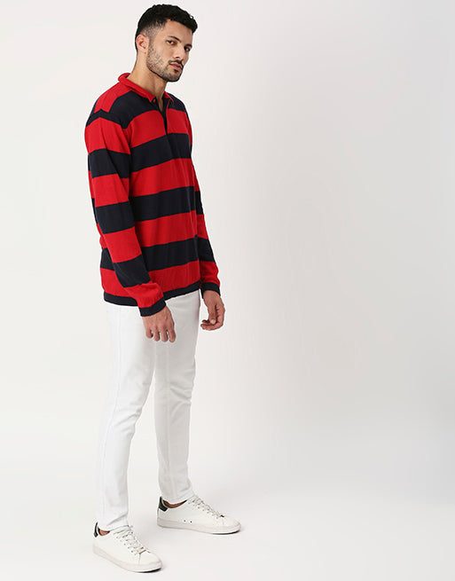 Hemsters Red And Black Striped Full Sleeves Sweatshirt For Men