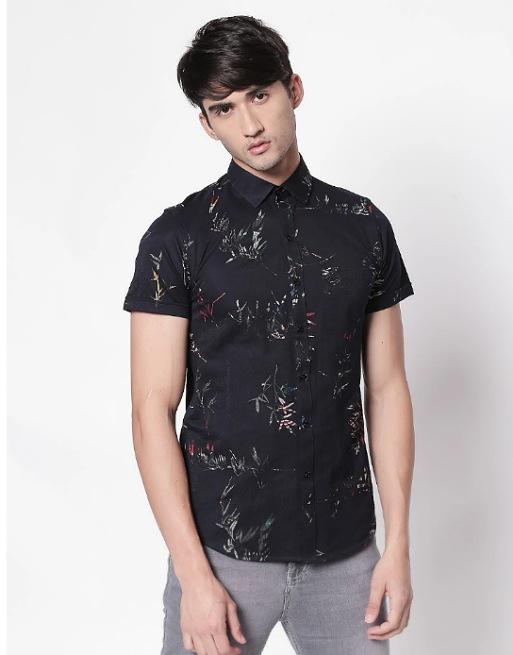 Blue half-sleeve floral printed shirt for men
